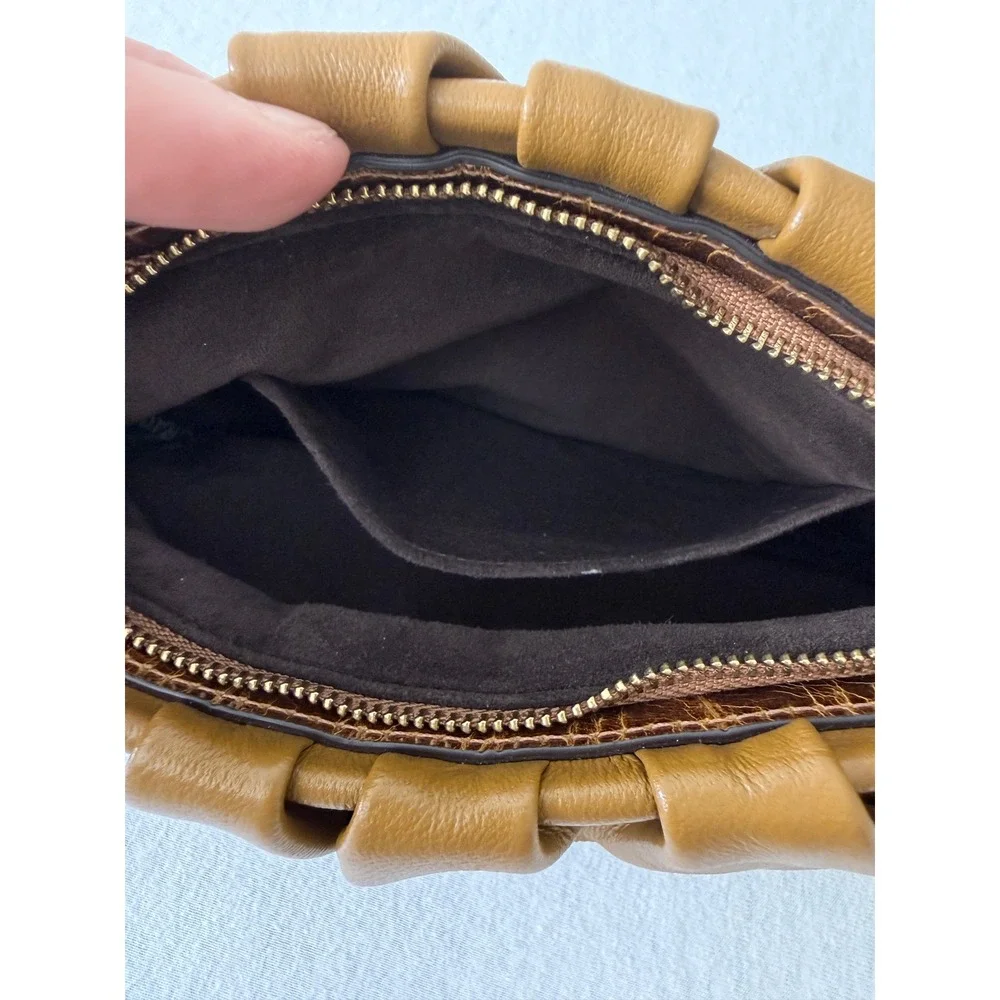 STAUD Bean Bag Clutch Women Small Tan Brown Ruched Leather Pleated NO STRAP